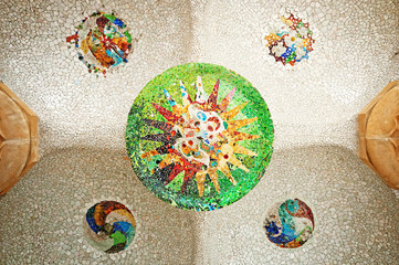 Colored tile mosaic at Parc Guell in Barcelona.