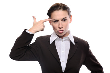 Business woman making gun with her hand