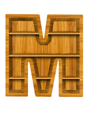 Wooden alphabet letter with shelf on white background,M
