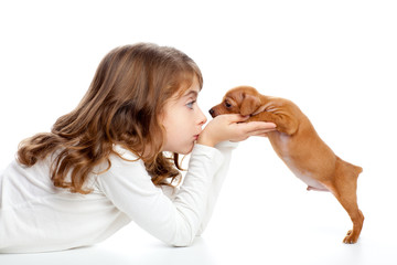 Brunette profile girl with dog puppy mini pinscher