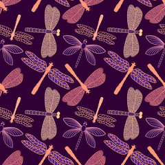 Vector seamless pattern with stylized dragonflies