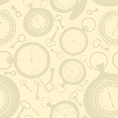 Vintage seamless pattern with clocks and keys