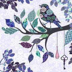 Retro background of tree branch with leaves and bird of patches