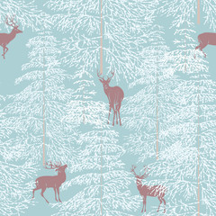 Seamless pattern with winter forest and reindeer