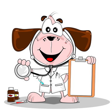 A cartoon dog doctor or vet with stethoscope & blank clipboard