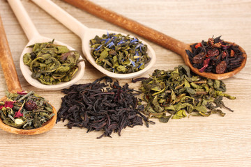 Different kinds of dry green and black tea in spoons