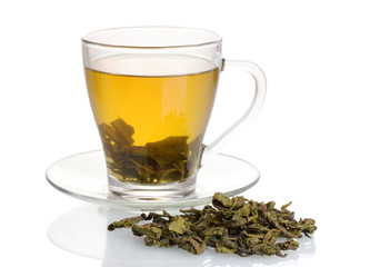 Green tea in glass cup isolated on white