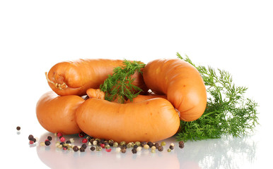 tasty sausages, spices and dill isolation on white