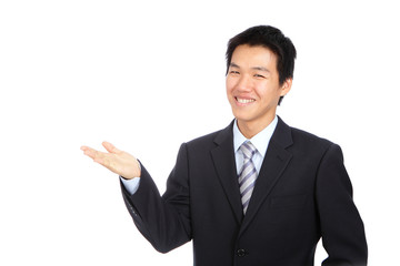 Fototapeta na wymiar Young business man smile introduce with hand gesture