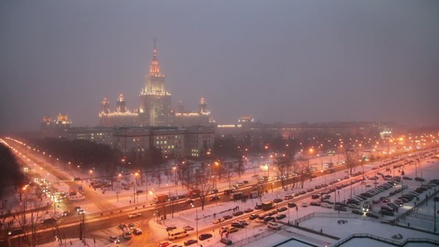 Main building of Moscow State University at winter night