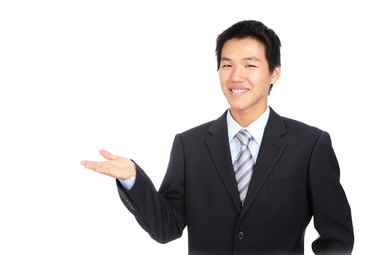 Young Business Man Smile Introduce With Hand Gesture