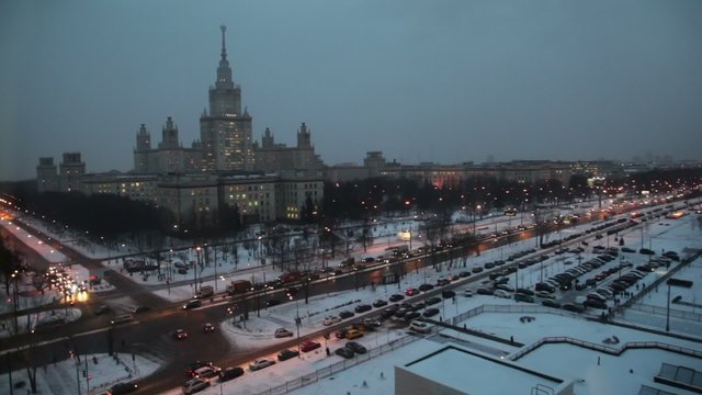 Main building of Moscow State University at winter evening