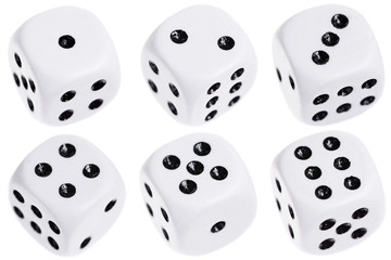 Six white dice isolated on white
