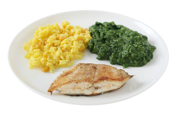 fried fish with rice and spinach