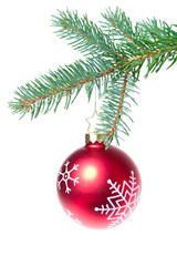 ball hanging from spruce christmas tree