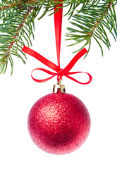red christmas ball hanging from tree