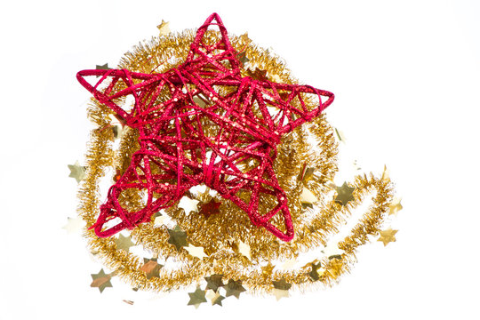 red christmas star with golden tinsel