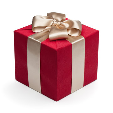 Red gift box with golden ribbon.