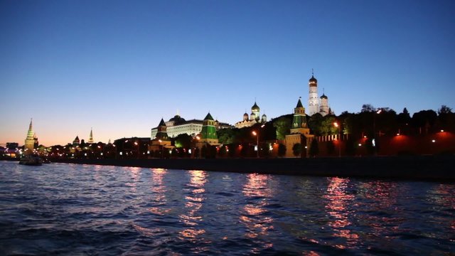 Red brick walls of Kremlin and Ivan Great Bell Tower at night