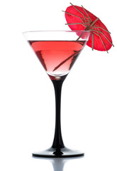 A drink with a cocktail umbrella