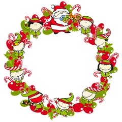 Christmas wreath with elves and Santa Claus