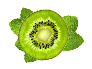 Fototapeta na wymiar Fresh kiwi slice over mint leaves isolated on white background