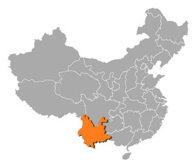 Map of China, Yunnan highlighted