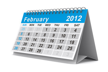 2012 year calendar. February. Isolated 3D image