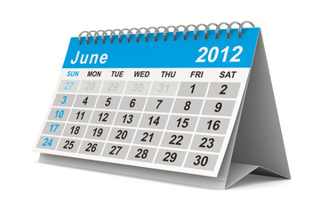 2012 year calendar. June. Isolated 3D image