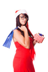 Woman with Santa Hat and Christmas Gift