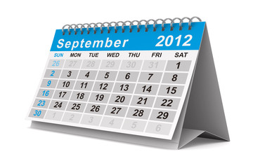 2012 year calendar. September. Isolated 3D image