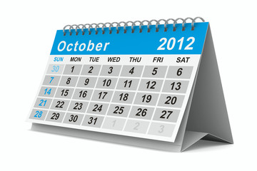 2012 year calendar. October. Isolated 3D image