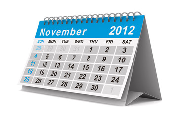2012 year calendar. November. Isolated 3D image
