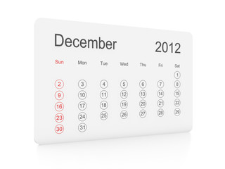 December 2012 simple calendar on a white background