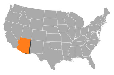 Fototapeta na wymiar Mapa Stanów Zjednoczonych, Arizona podświetlone