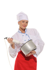 happy woman chef  with blender and pot