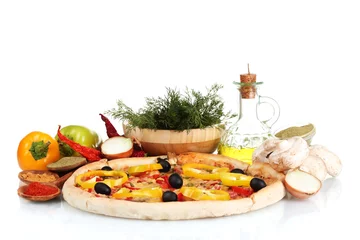 Poster delicious pizza, vegetables, spices and oil isolated on white © Africa Studio