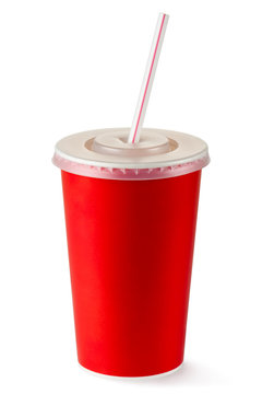 Red disposable cup for beverages with straw