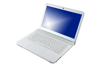 Computer notebook blue screen on white background.