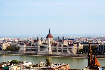panoramic view of Budapest including river Danube and roofs