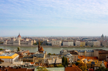 Fototapeta na wymiar panoramic view of Budapest including river Danube and roofs