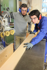 Carpenters cutting a plank of wood
