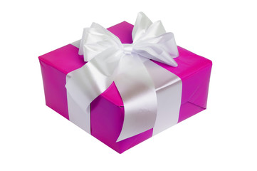beautiful pink gift with white ribbon isolated on white