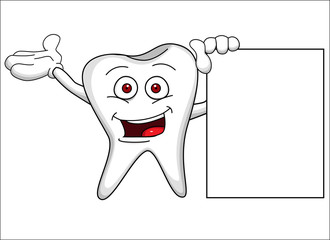 Tooth cartoon character with blank sign