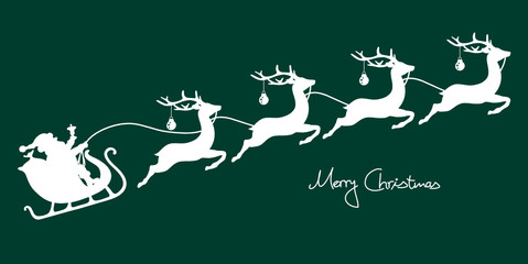 Christmas Sleigh Santa & 4 Flying Reindeers Green Background