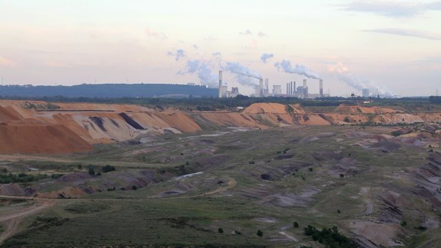 Lignite-fired power plant and open-pit mining in foreground