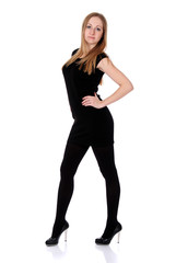 young woman in black dress. Isolated over white background.