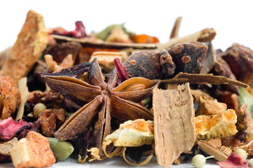 herbal tea with leaves, fruits and herb