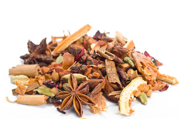 herbal tea with leaves, fruits and herb