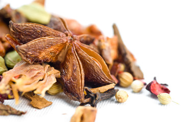 herbal tea with leaves, fruits and herb